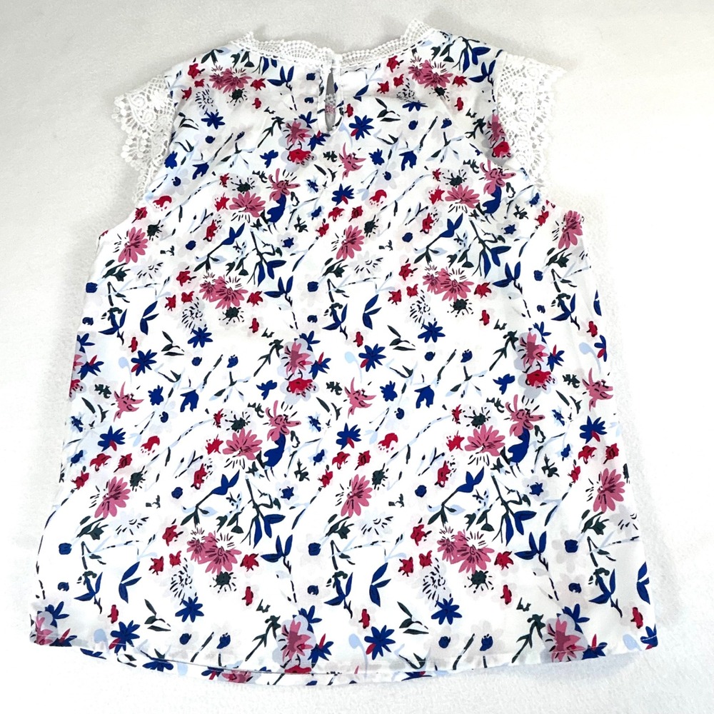 SHEIN Floral Print Lace Trim Blouse Women's Size S White Pink‎ Blue Short Sleeve - Picture 7 of 9